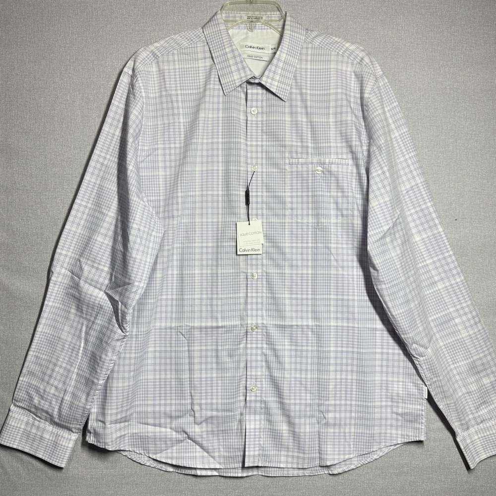 Calvin Klein Shirt Mens XL Purple Plaid Liquid Cotton Dress Long Sleeve Casual